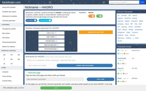 HAGRO - Names and nicknames for HAGRO - Nickfinder.com