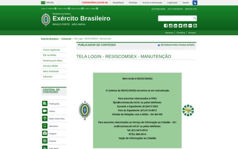 Exército Brasileiro : página Tela Login - RESISCOMSEX