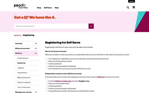 Registering for Self Serve | Help | Koodo Mobile