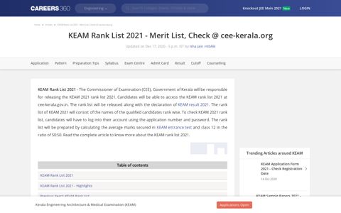KEAM Rank List 2021 - Check Toppers, Merit List