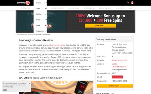 Leo Vegas Casino Bonus + Free Spins for Canada
