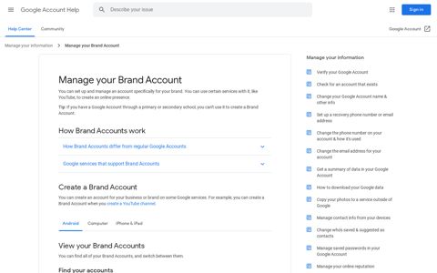 Manage your Brand Account - Android - Google Account Help