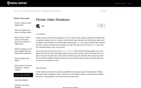 Flixster Video Shutdown – Warner Bros.