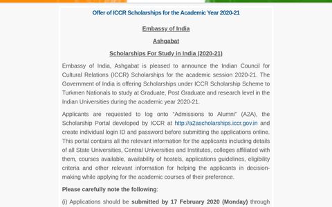 Offer of ICCR Scholarships for the Academic Year 2020-21