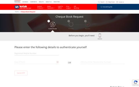 Cheque Book Request - Kotak Mahindra Bank