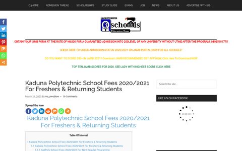 Kaduna Polytechnic School Fees 2020/2021 For Freshers ...
