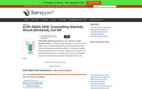 ICAR AIEEA 2020: Counselling (Started), Result (Declared ...