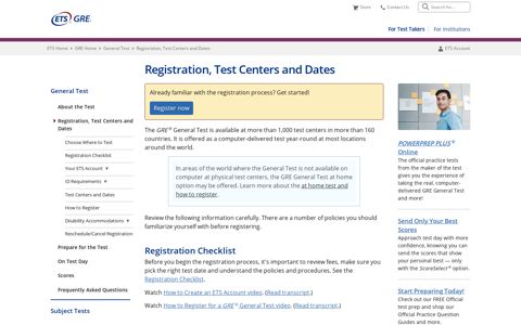 GRE General Test Registration, Test Centers and Dates - ETS