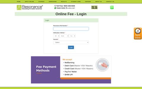 Resonance Courses Online FEE login for Students