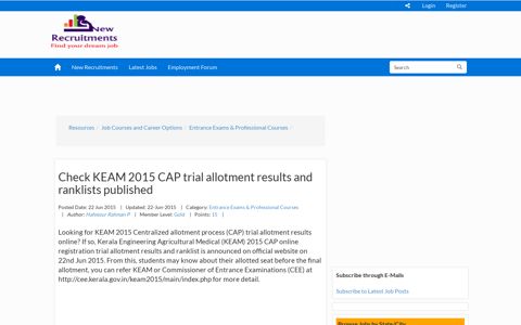 Check KEAM 2015 CAP trial allotment results and ranklists ...