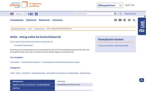 AntOn - Antrag online bei hochschulstart.de - [ Deutscher ...