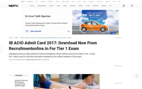 IB ACIO Admit Card 2017: Download Now At ... - NDTV.com