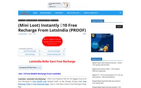 LotsIndia - Signup & Instantly Get ₹10 Free Recharge | PROOF