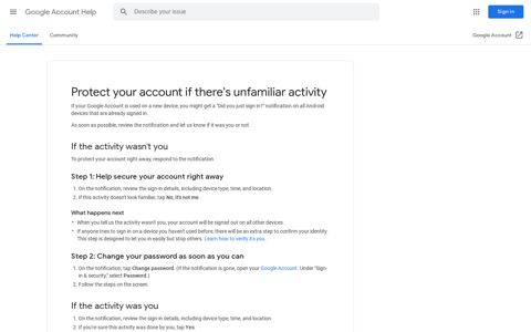 Protect your account if there's unfamiliar activity - Google ...