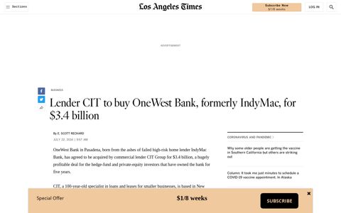Lender CIT to buy OneWest Bank, formerly IndyMac, for $3.4 ...