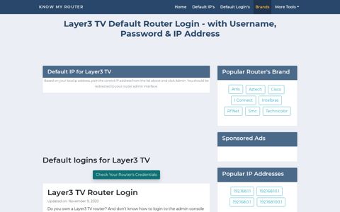 Layer3 TV Router Login with Username, Password & IP Address