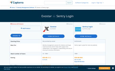 Exostar vs Sentry Login - 2020 Feature and Pricing Comparison