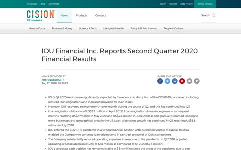 IOU Financial Inc. Reports Second Quarter 2020 Financial ...