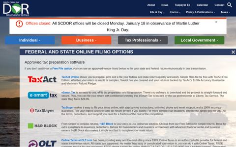 Federal and State Online Filing Options (Standard Cost)