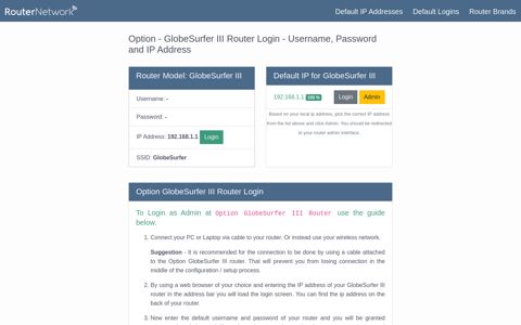 Option - GlobeSurfer III Default Login and Password - Router ...