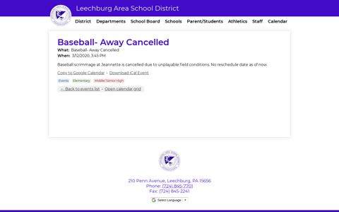 Baseball- Away Cancelled | Leechburg Area School District