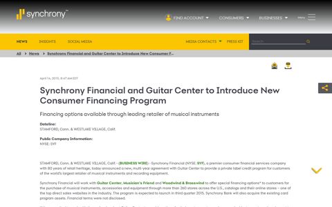 Synchrony Financial and Guitar Center to Introduce New ...