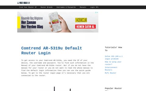 Comtrend AR-5319u Default Router Login - 192.168.1.1