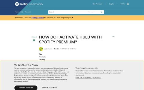 Solved: HOW DO I ACTIVATE HULU WITH SPOTIFY ...