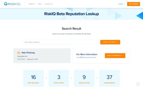 RiskIQ Beta Reputation Lookup - facglobal.net