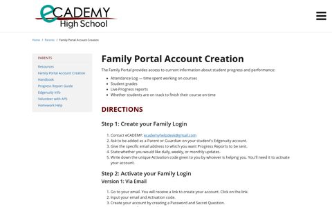 Family Portal Account Creation - eCADEMY Magnet School
