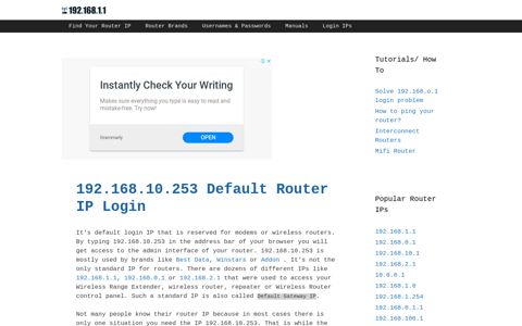 192.168.10.253 Default Router IP Login - 192.168.1.1
