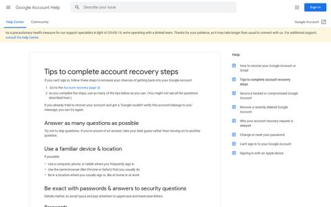 Tips to complete account recovery steps - Google Account Help
