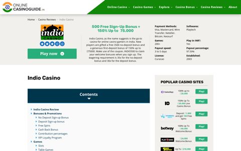 Indio Casino Review - ₹500 No Deposit Bonus + 150% Up to ...