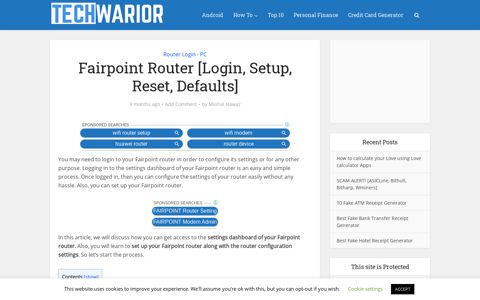 Fairpoint Router [Login, Setup, Reset, Defaults] - Techwarior