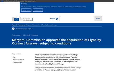 Approval of acquisition of Flybe by Connect Airways