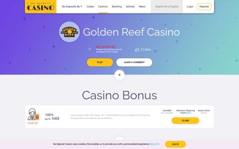 Golden Reef Casino has a $100 Sign Up Bonus