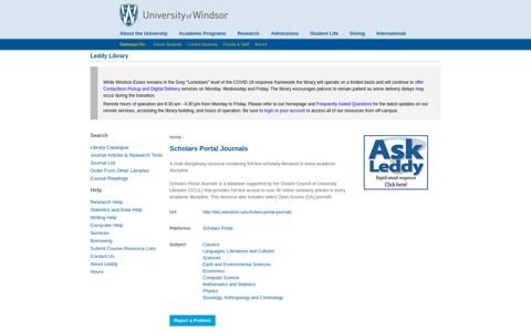 Scholars Portal Journals | Leddy Library | University of Windsor