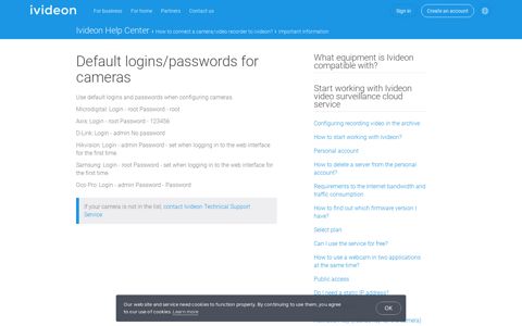 Default logins/passwords for cameras - Ivideon